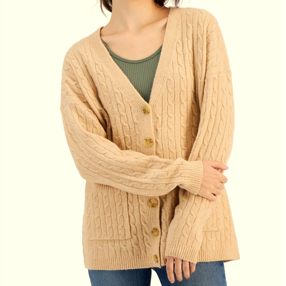 Hippie Rose Tan Baby Cable Knit‎ V-Neck Pocket Cardigan Sweater Medium NWT